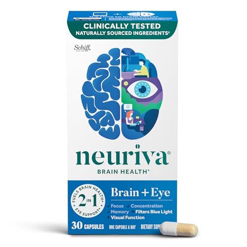 NEURIVA Brain Eye Supplement for Memory, Focus Concentration with Lutein Vitamins A C E and Zinc for Eye Health Zeaxanthin to Filter Blue Light, 30ct Capsules