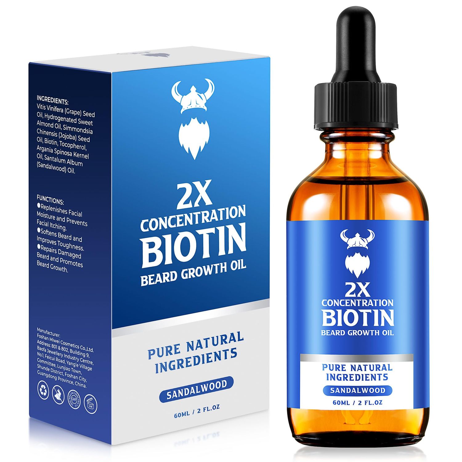 Beard Growth Oil - 2X Concentration Biotin Beard Oil for Men 2 oz - Natural Mens Beard Oil with Argan Oil, Jojoba Oil and Vitamin, Beard Growth Softener, Moisturizer Sandalwood