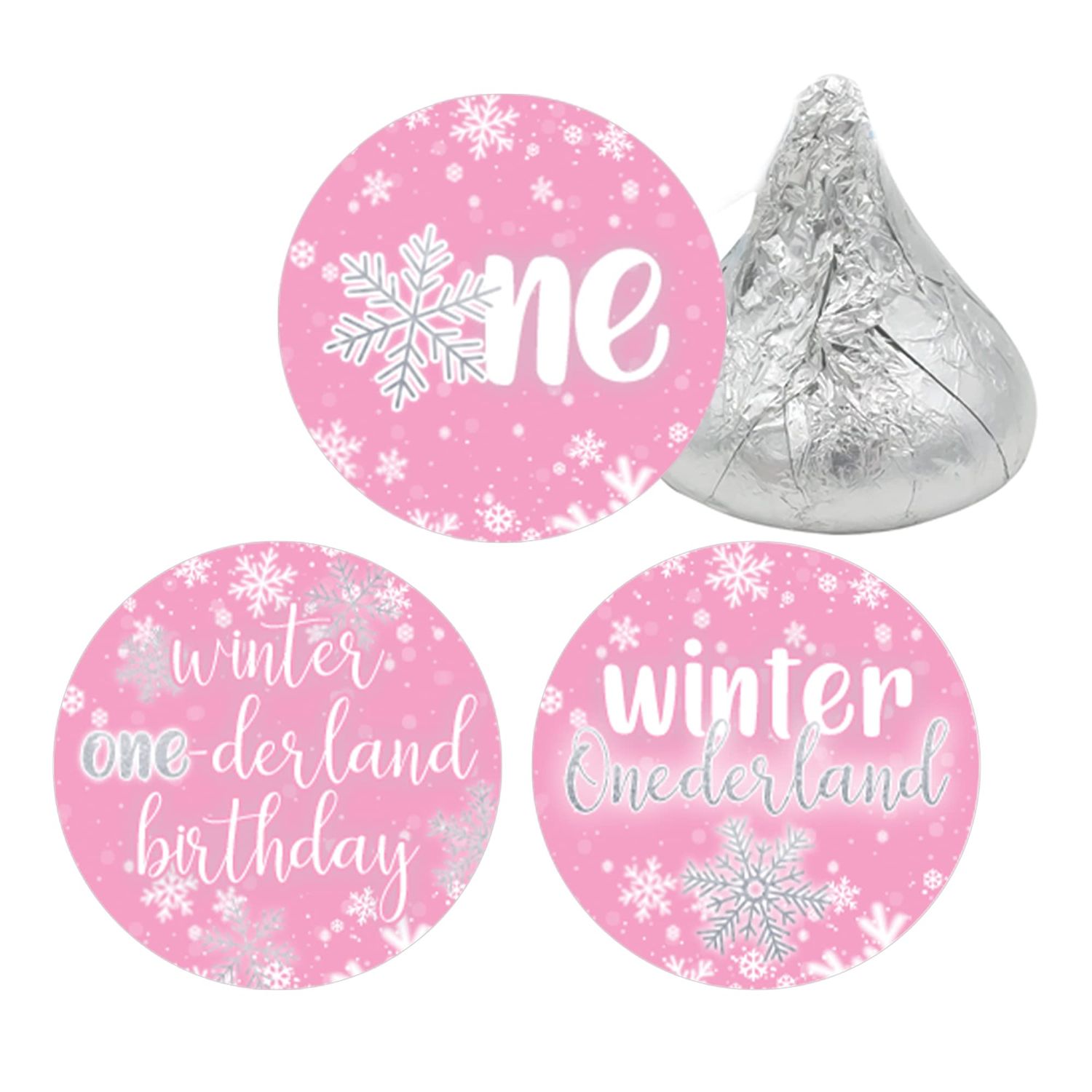 Pink Winter Onederland 1st Birthday Party Chocolate Kisses Candy Stickers, Snowflake First Birthday Party Favors - 180 Count
