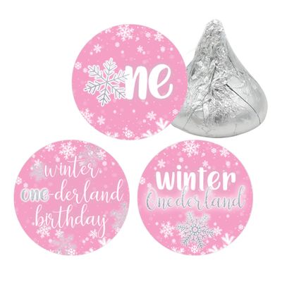 Pink Winter Onederland 1st Birthday Party Chocolate Kisses Candy Stickers, Snowflake First Birthday Party Favors - 180 Count