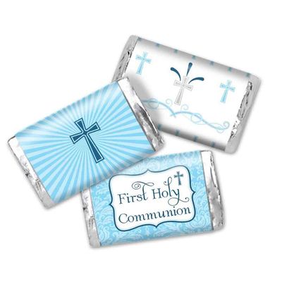 First Holy Communion Mini Chocolate Candy Bar Sticker Wrappers for Boys, 45 1.4 x 2.6 Wrap Around Labels by AmandaCreation, Great for Party Favors