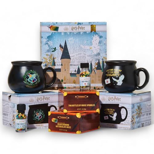 Wizarding World HARRY POTTER Hot Chocolate Mug Gift Set, Includes 2 Color Changing Hot Chocolate Mixes, 2 House Sprinkles, and 2 Cauldron Mugs, Officially Licensed, HARRY POTTER Collection