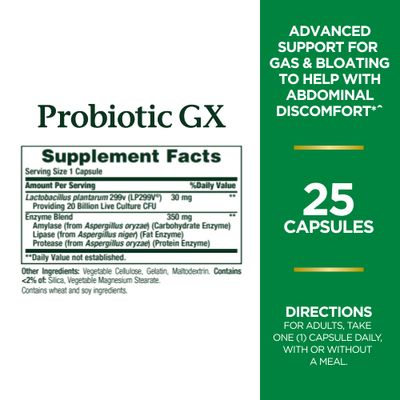 Natures Bounty Probiotic GX, Helps with Occasional Gas and Bloating, Dietary Supplement, Digestive Health, 25 Capsules