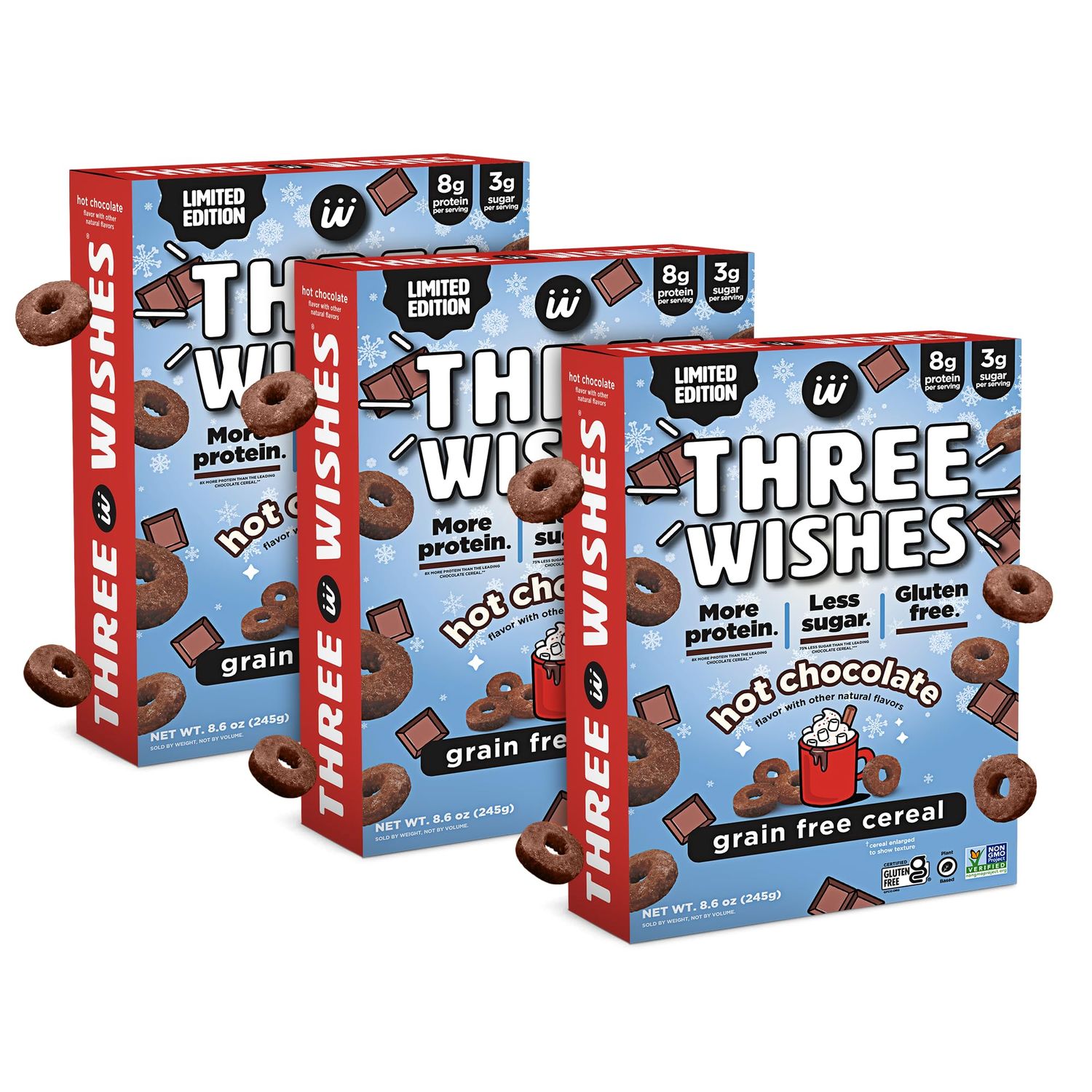 Protein and Gluten-Free Breakfast Cereal by Three Wishes - Limited Edition Flavors - 8g Protein 3g of Sugar Snack - Vegan, Kosher, Grain-Free and Dairy-Free - Non-GMO Hot Chocolate, 3-Pack