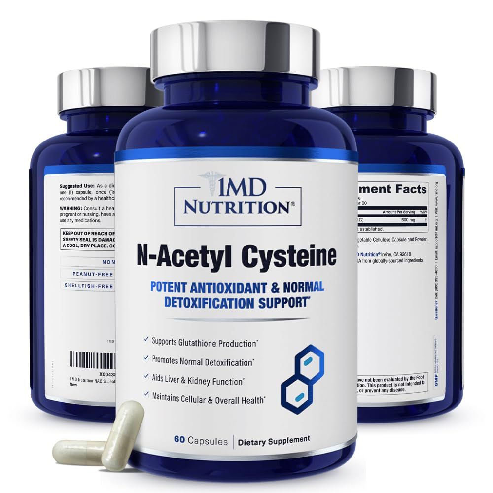 1MD Nutrition NAC Supplement N-Acetyl Cysteine - NAC 600 mg - Antioxidant Supplement Supports Detox and Glutathione Production - N Acetylcysteine Respiratory Supplement for Lung Health - 60 Capsules