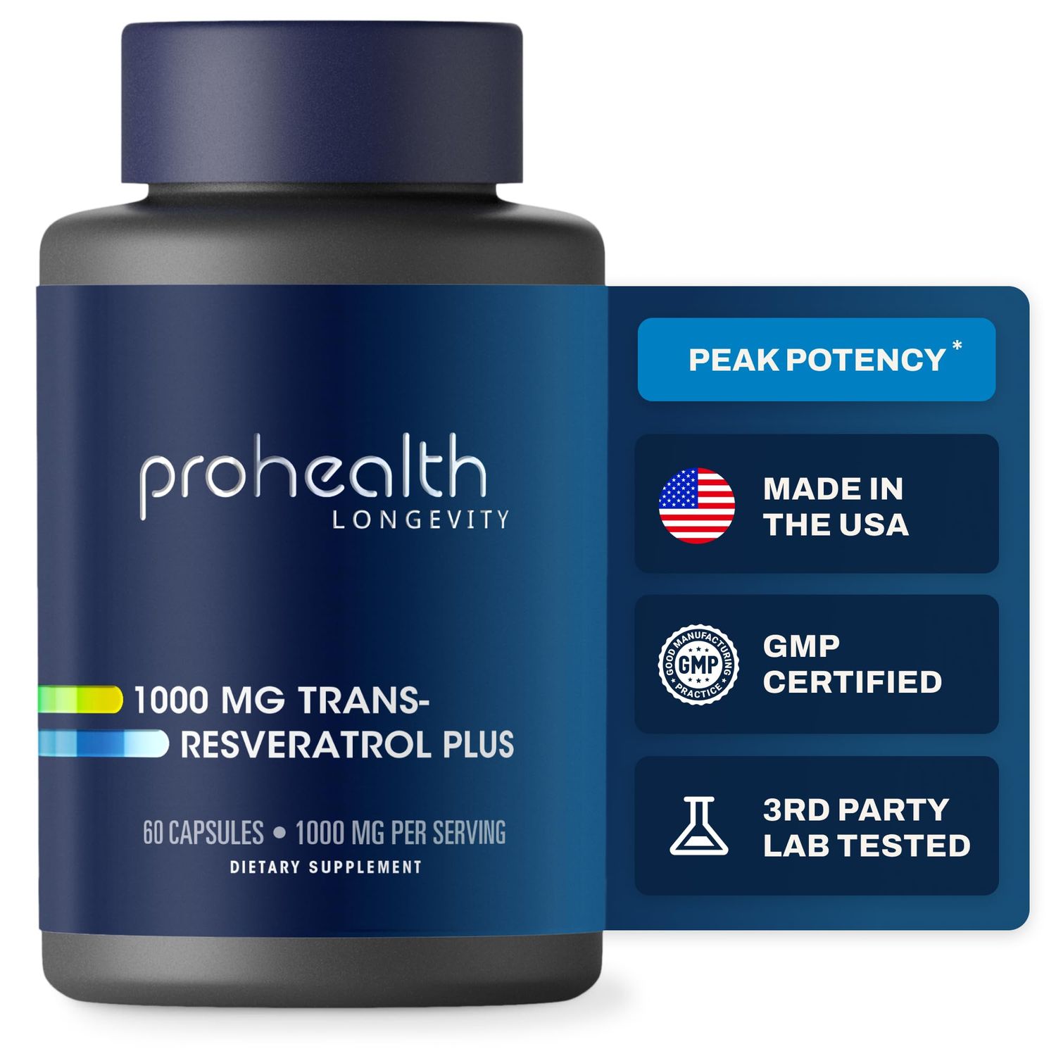 ProHealth Resveratrol 1000mg Pure Trans-Resveratrol Plus Quercetin, Red Wine Green Tea Extract Clinically Studied to Support Cellular Health, Memory, Healthy Aging 60 Capsules