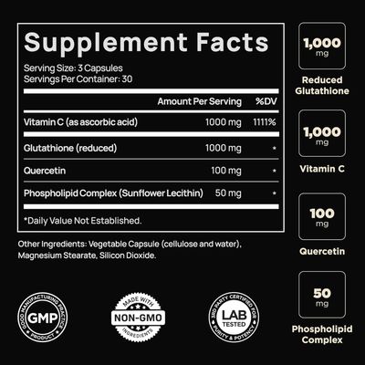 ELMNT 2150mg Super Liposomal Glutathione Supplement w. Vitamin C, Quercetin Pure L Glutathione 2000mg Triple Action Formula Glutathione Liposomal Supplement w. Phospholipid Layer - 90 Pills, Non-GMO
