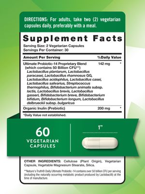 Natures Truth Probiotic 50 Billion CFU 200mg Prebiotics 60 Capsules Vegetarian, Non-GMO Gluten Free Supplement for Men and Women Supports Digestive Health