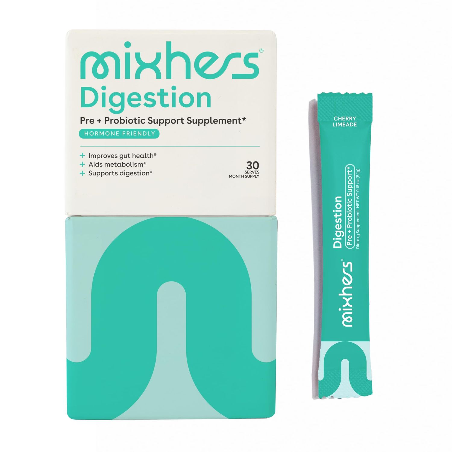 Mixhers Digestion - Gut Health Supplement - For Metabolism, Digestion Detox - Prebiotics Postbiotics Drink Mix - With Bacillus Coagulans L-Glutamine - 30 Packets - Cherry Limeade