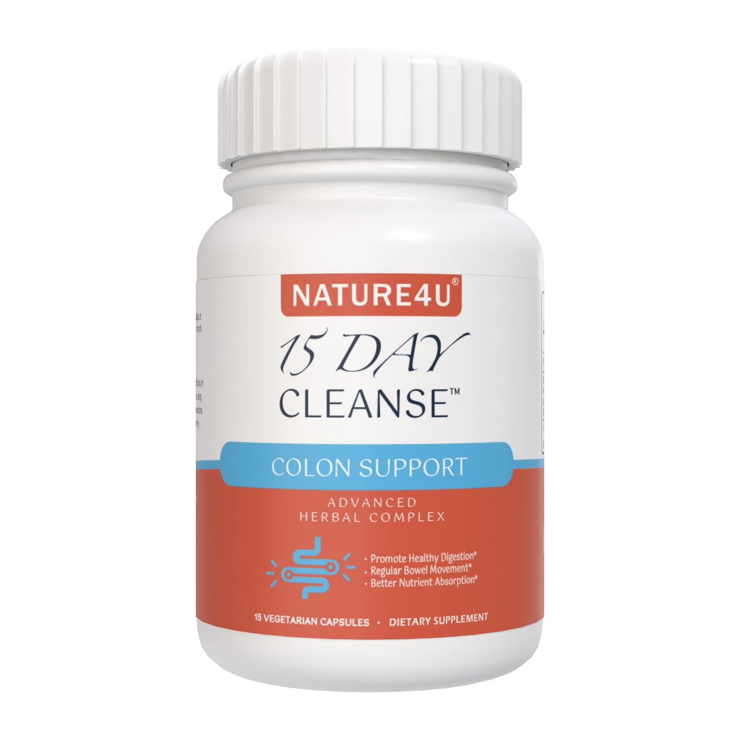 Nature4U 15 Day Cleanse Gut Support, Advanced Gentle Daily Colon Gut Cleanse Detox for Women Men with Senna, Cascara Sagrada, Psyllium Husk and Probiotic, 15 Capsules