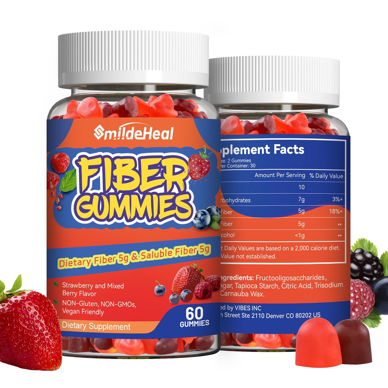 SmildeHeal Fiber Gummies, Dietary Fiber, Soluble Fiber, for Women and Men, Gut Health Support, Non-GMOs, Non-Gluten, Vegan, Mixed Berry and Strawberry Flavor, 60 Count GummiesPack of 2