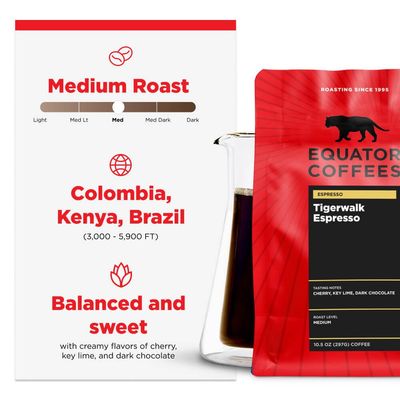 Equator Coffees, Tigerwalk Espresso, Fine Ground Coffee, Medium Roast, Fresh Roasted, Cherry, Chocolate, Strawberry and Lemon Flavor Notes, Sustainable, for Espresso and Moka Pots, 10.5 oz Bag