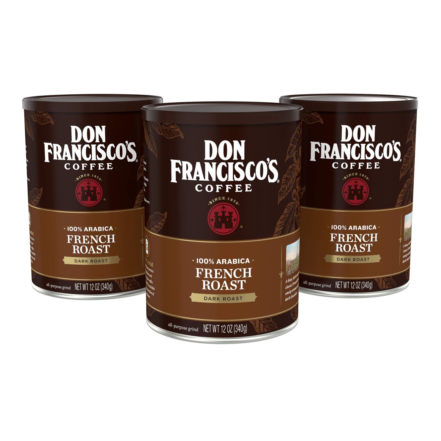 Don Franciscos French Dark Roast Ground Coffee: Rich, Smoky 100 Arabica Beans with Chocolate Notes - Premium Morning Brew 3 x 12 oz Recyclable Cans