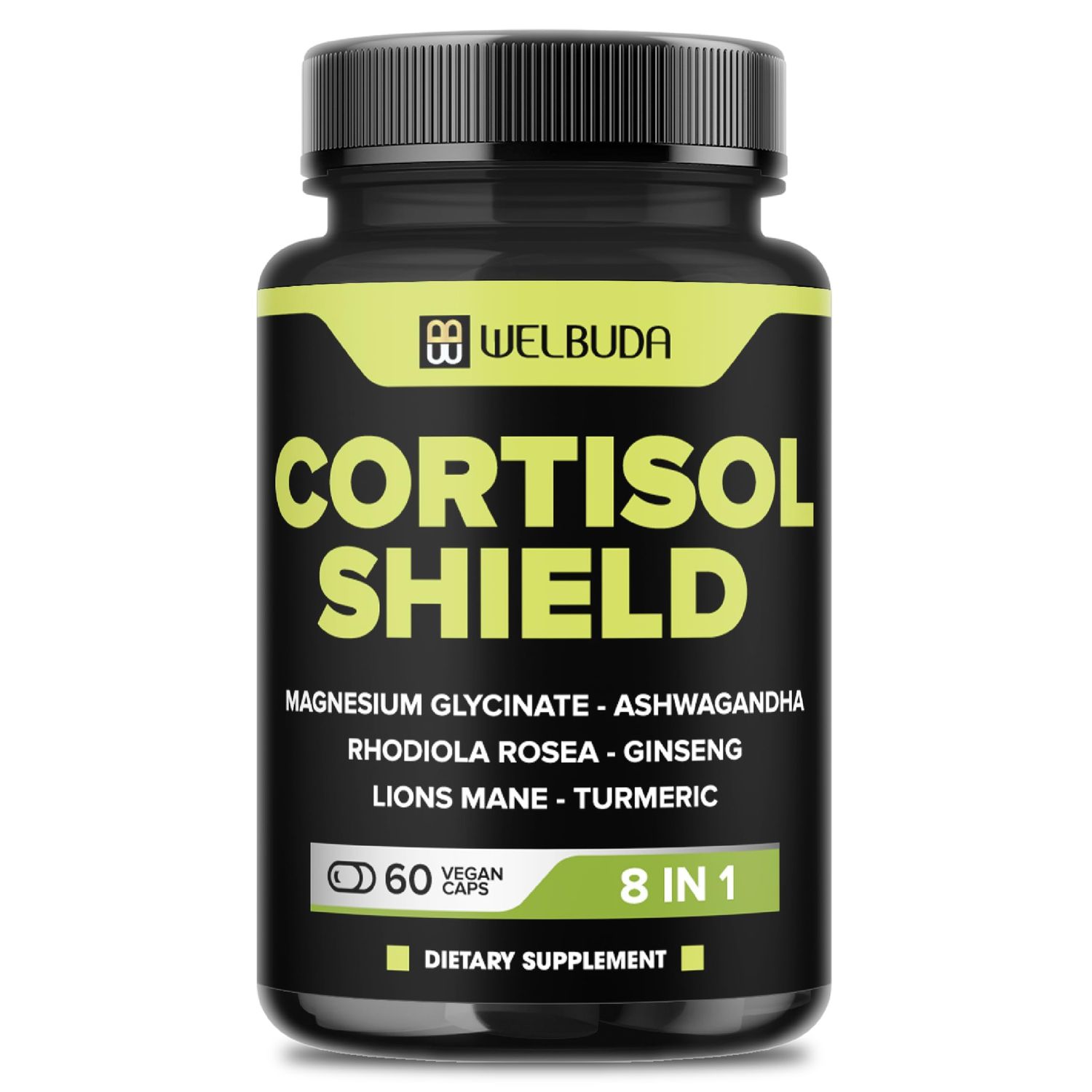 WELBUDA 8in1 Cortisol Shield - Ashwagandha and Magnesium, Rhodiola Rosea, Lions Mane, Gingsen, and 3 More - Relaxation Restful Night Support Mood Balance - 60 Count