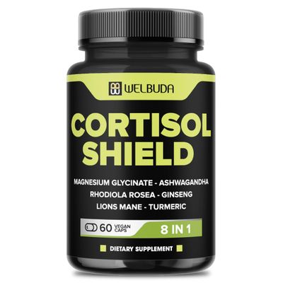 WELBUDA 8in1 Cortisol Shield - Ashwagandha and Magnesium, Rhodiola Rosea, Lions Mane, Gingsen, and 3 More - Relaxation Restful Night Support Mood Balance - 60 Count