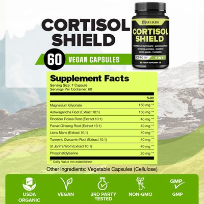 WELBUDA 8in1 Cortisol Shield - Ashwagandha and Magnesium, Rhodiola Rosea, Lions Mane, Gingsen, and 3 More - Relaxation Restful Night Support Mood Balance - 60 Count