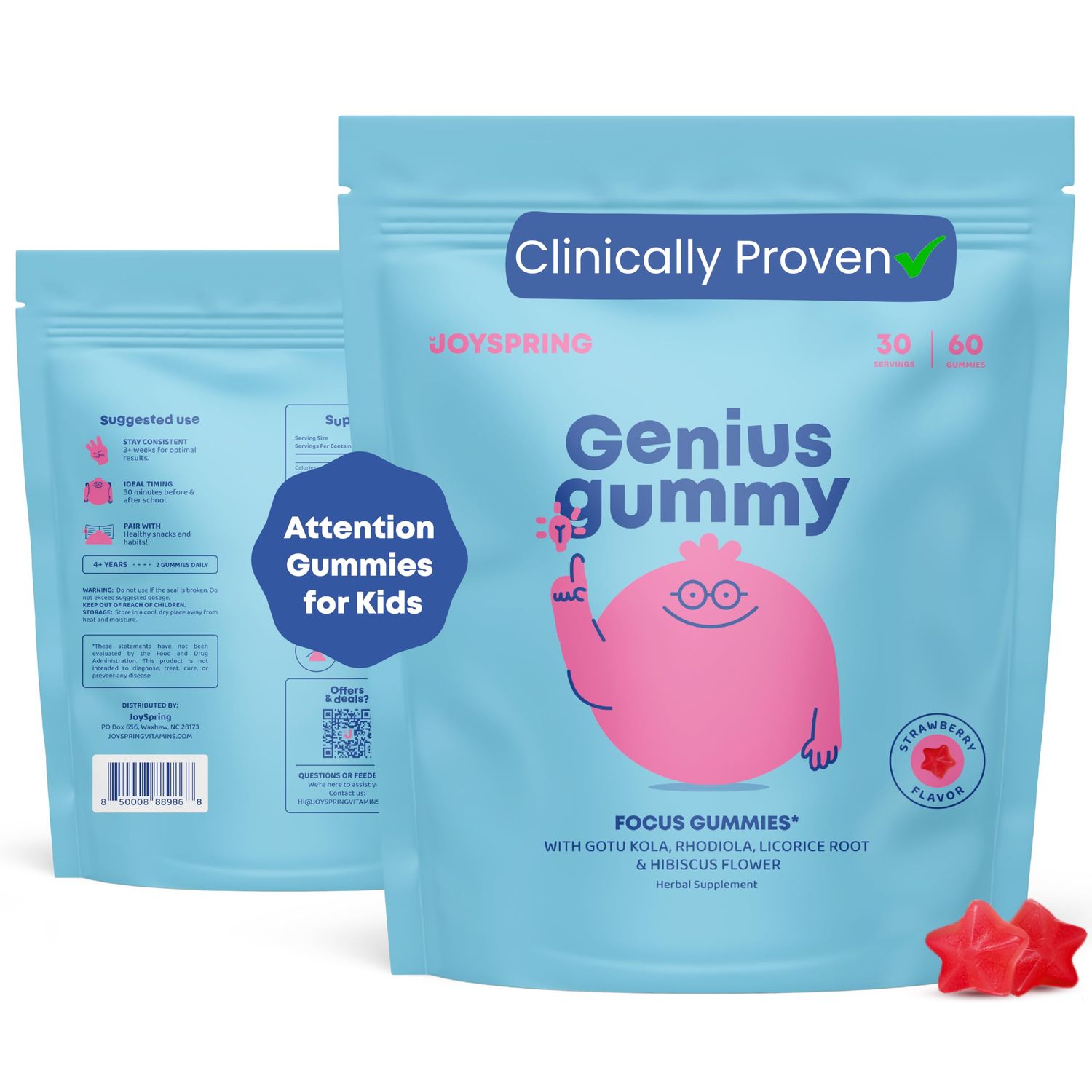 JoySpring Genius Kids Focus Gummies - Natural Herbal Brain Supplement for Kids Vegan, Gluten-Free, Sugar-Free with Bacopa, Gotu Kola, Rhodiola - 60 Count