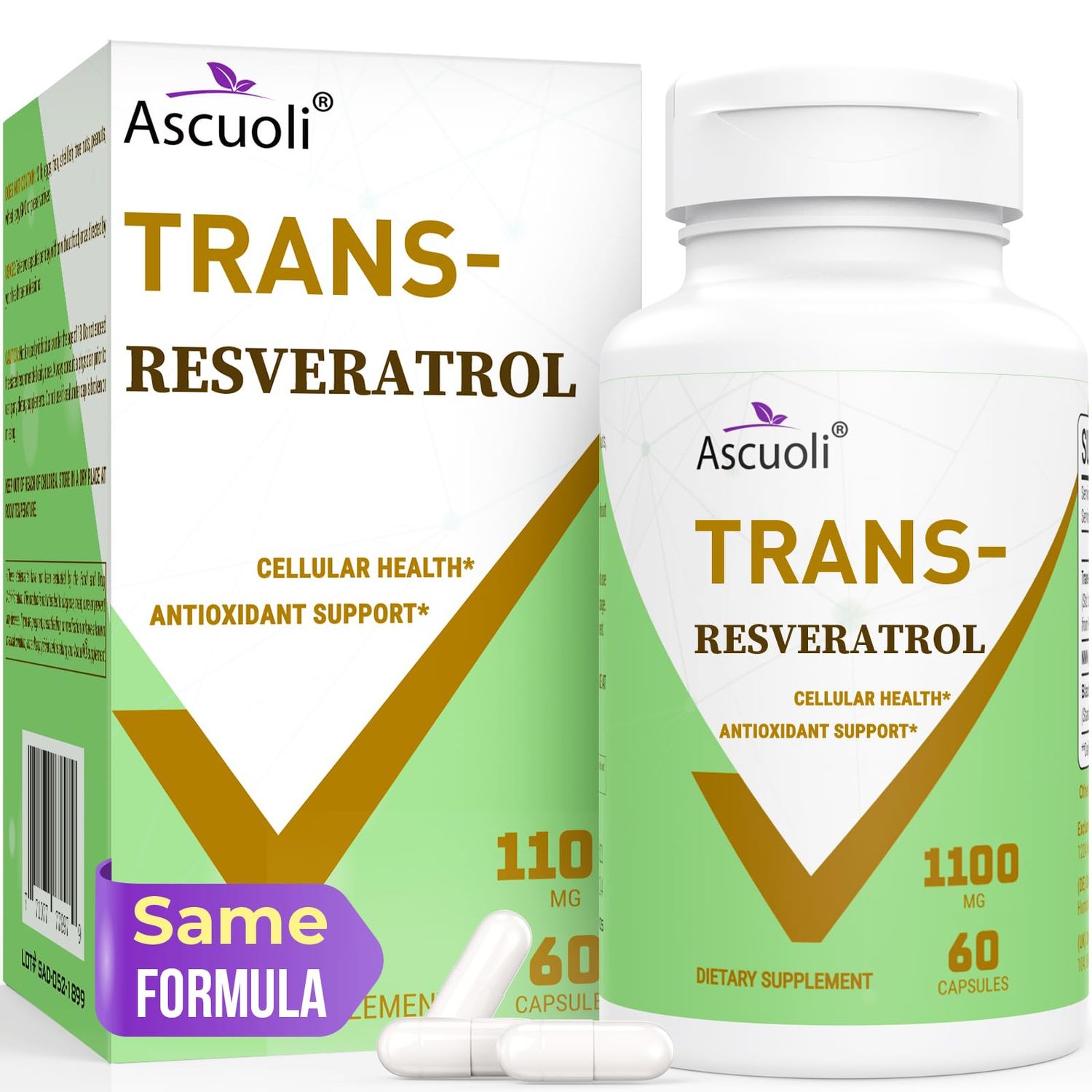 Ascuoli 99 Ultra Purity Trans-Resveratrol 1100mg, 3-in-1 Advanced Formula Organic Resveratrol Supplement, Max Antioxidant, Anti-Aging, Skin Health, Cell Repair, Boost NAD, Immune Energy, 60 Caps