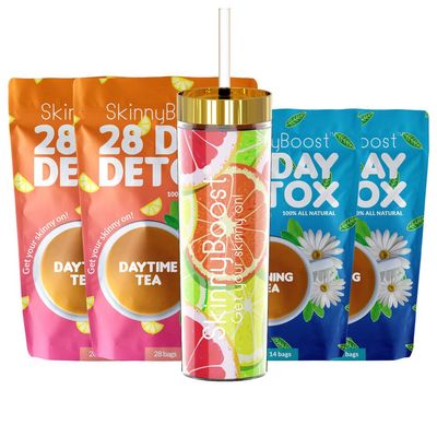Skinny Boost Tea Kit-2 Pack-2 Plus Free Fruit Slice Tumbler- 2 Daytime Teas 28 BagsPouch 2 Evening Detox Teas 14 BagsPouch Non GMO, Vegan, All Natural Detox and Cleanse