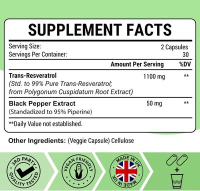 Ascuoli 99 Ultra Purity Trans-Resveratrol 1100mg, 3-in-1 Advanced Formula Organic Resveratrol Supplement, Max Antioxidant, Anti-Aging, Skin Health, Cell Repair, Boost NAD, Immune Energy, 60 Caps