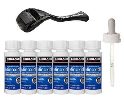 6 Pack Kirkland Minoxidil for Men Hair Regrowth Treatment, Liquid Extra Strength 5 Topical Solution, 6 Months Supply - Dropper Applicator and Microneedle Roller Included - Minoxidil Kirkland