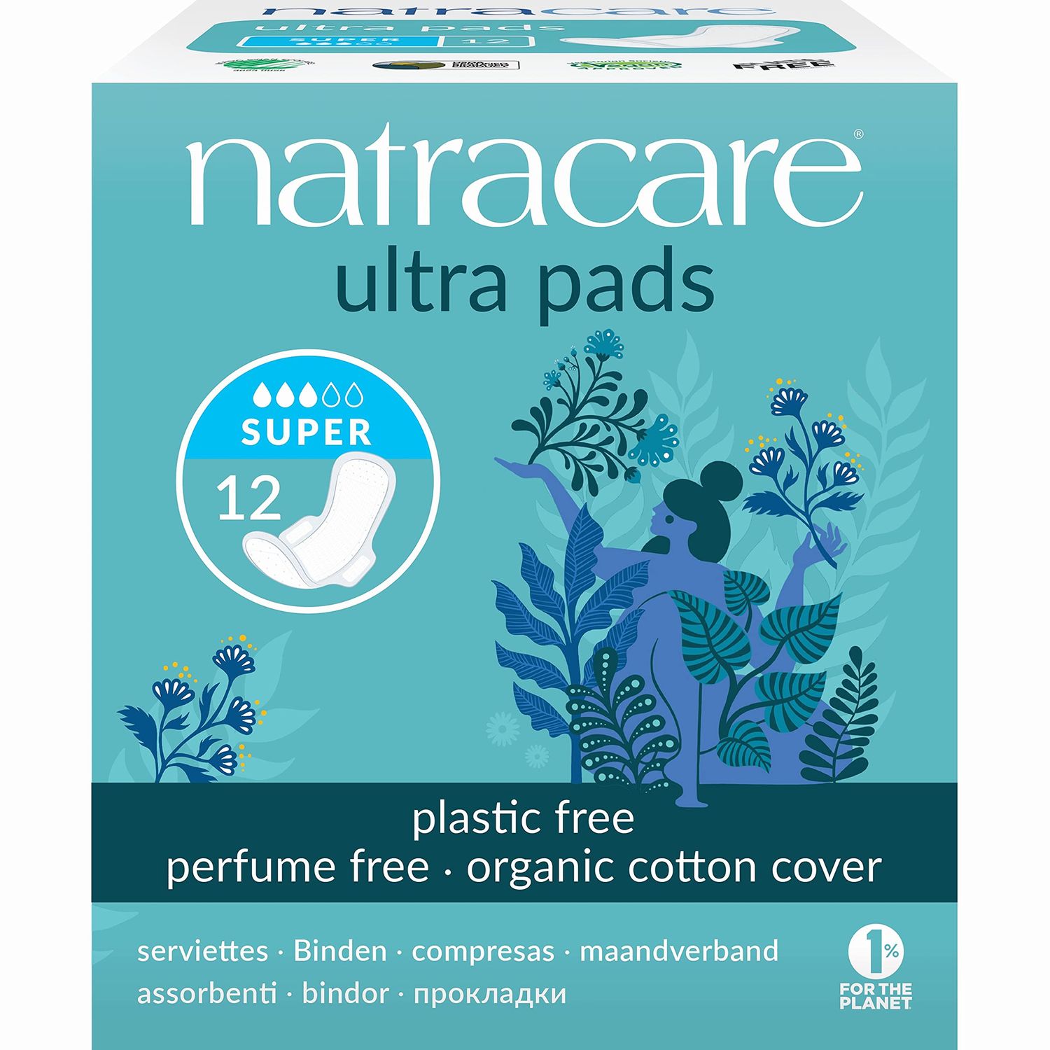 Natracare Slim Fitting Ultra Pads with Wings, Super, Made with Certified Organic Cotton, Ecologically Certified Cellulose Pulp and Plant Starch 12 Pack, 144 Pads Total