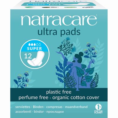 Natracare Slim Fitting Ultra Pads with Wings, Super, Made with Certified Organic Cotton, Ecologically Certified Cellulose Pulp and Plant Starch 12 Pack, 144 Pads Total