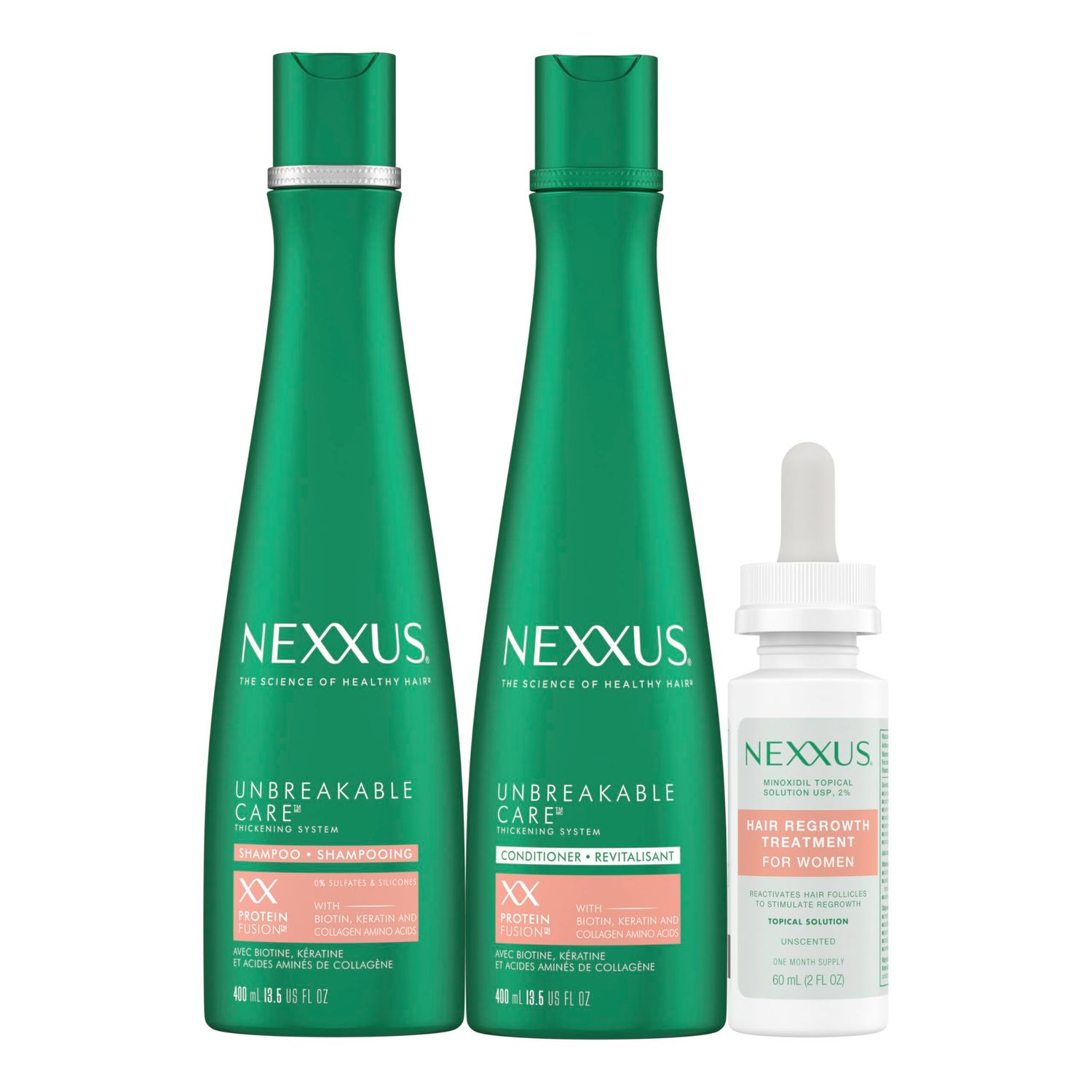 Nexxus Minoxidil Shampoo Conditioner Leave-In Hair Serum Unbreakable Care 3 Pack with Biotin Keratin and Collagen Amino Acids 13.5 oz 2 fl oz