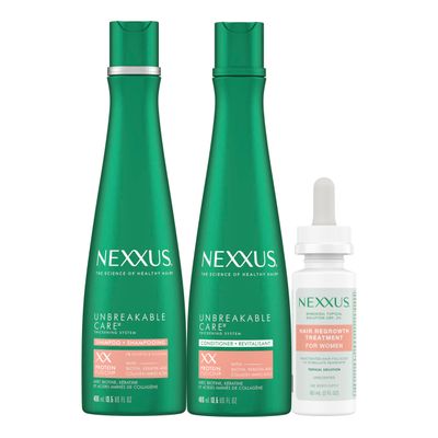 Nexxus Minoxidil Shampoo Conditioner Leave-In Hair Serum Unbreakable Care 3 Pack with Biotin Keratin and Collagen Amino Acids 13.5 oz 2 fl oz