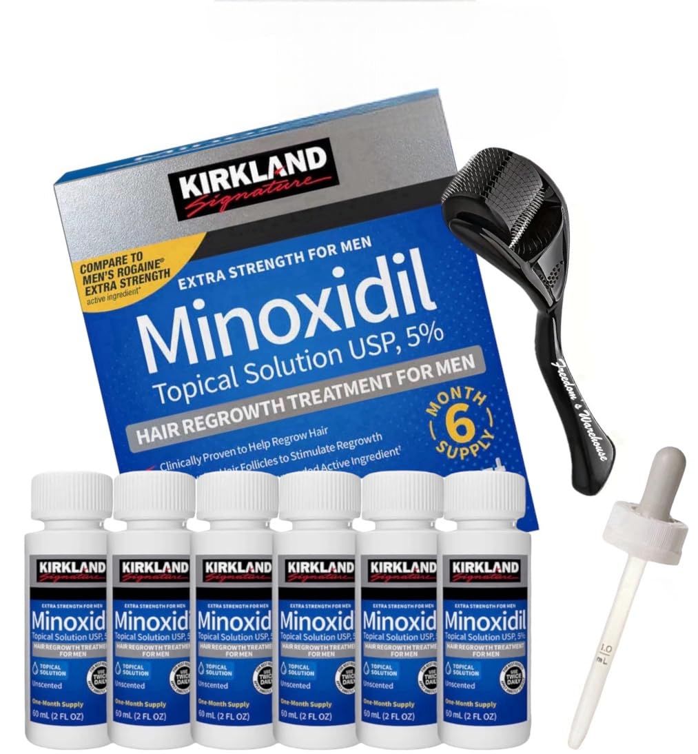 6 Pack Kirkland Minoxidil for Men Hair Regrowth Treatment, Liquid Extra Strength 5 Topical Solution, 6 Months Supply - Dropper Applicator and Microneedle Roller Included - Minoxidil Kirkland