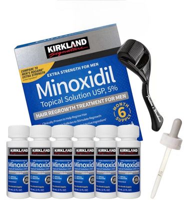 6 Pack Kirkland Minoxidil for Men Hair Regrowth Treatment, Liquid Extra Strength 5 Topical Solution, 6 Months Supply - Dropper Applicator and Microneedle Roller Included - Minoxidil Kirkland