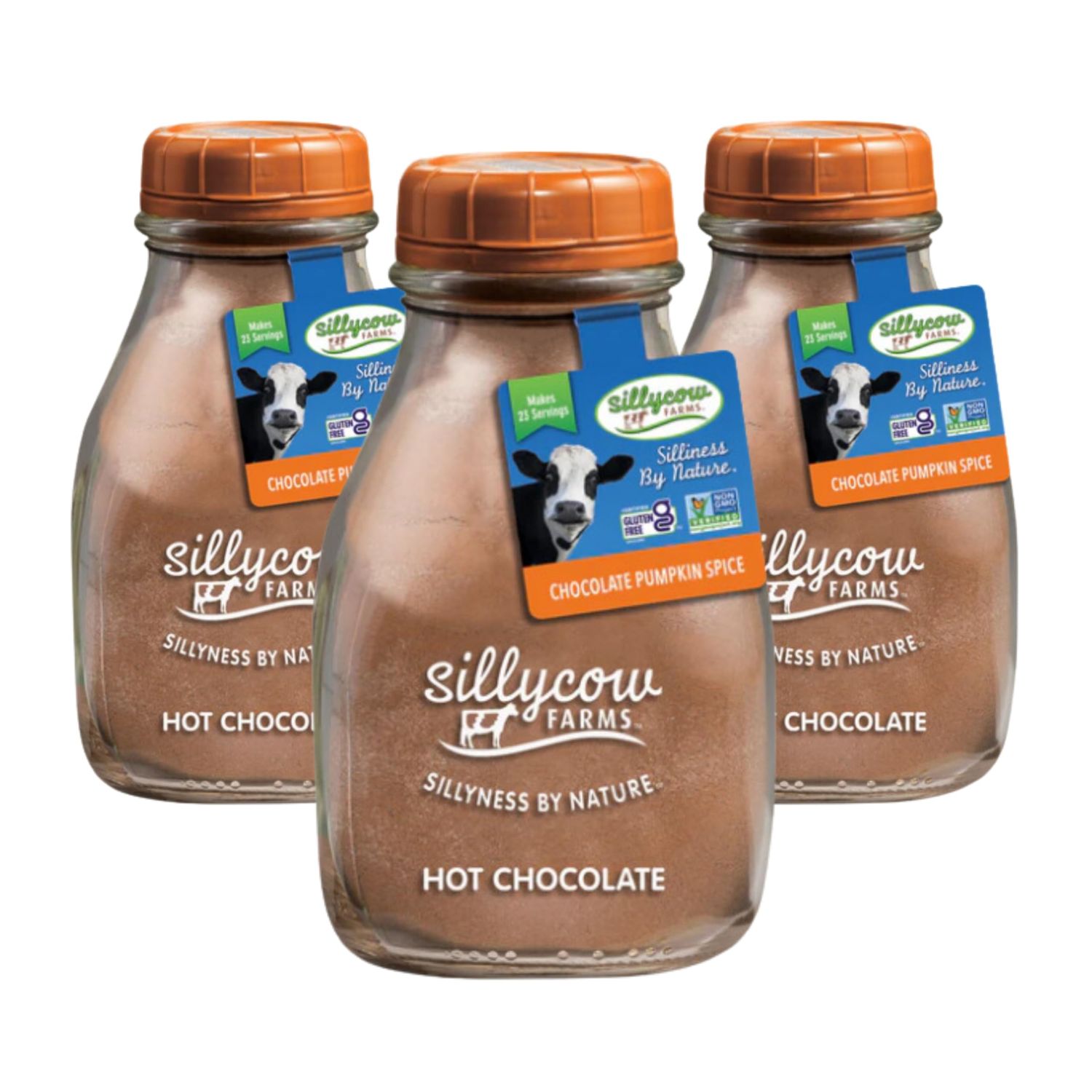 Silly Cow Farms Hot Chocolate Pumpkin Spice Mix Rich Cocoa Powder Gluten-Free, Non-GMO, Dairy-Free Indulgence with Pumpkin Spice Flavor 16.9 Oz Reusable Glass Bottle Pack of 3