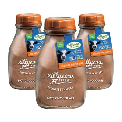 Silly Cow Farms Hot Chocolate Pumpkin Spice Mix Rich Cocoa Powder Gluten-Free, Non-GMO, Dairy-Free Indulgence with Pumpkin Spice Flavor 16.9 Oz Reusable Glass Bottle Pack of 3