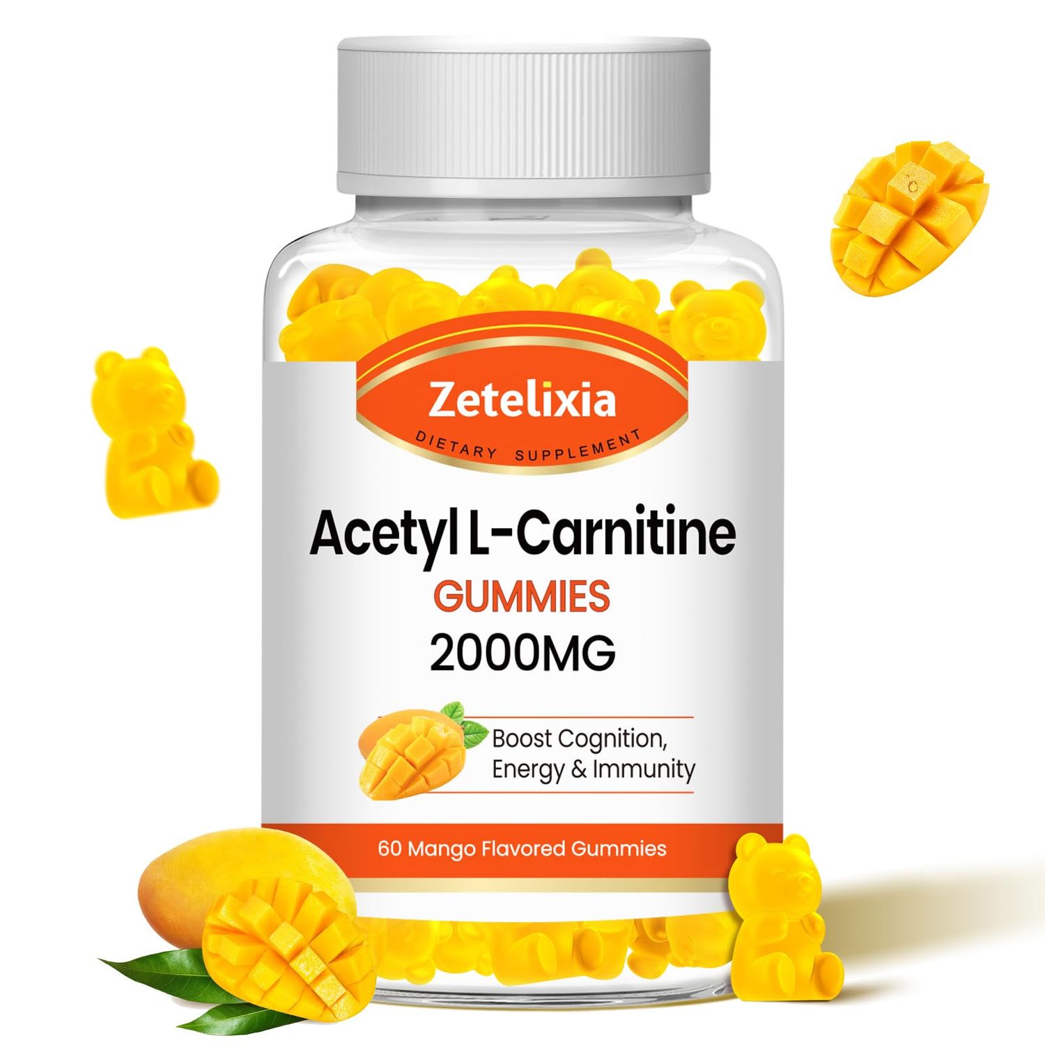 Zetelixia Acetyl L-Carnitine Gummies, L-Carnitine Supplement for Women Men, Nutrition Supplement for Boost Energy, Immunity Brain Health, Vegan, Non-GMO, Mango Flavor, 60 Count