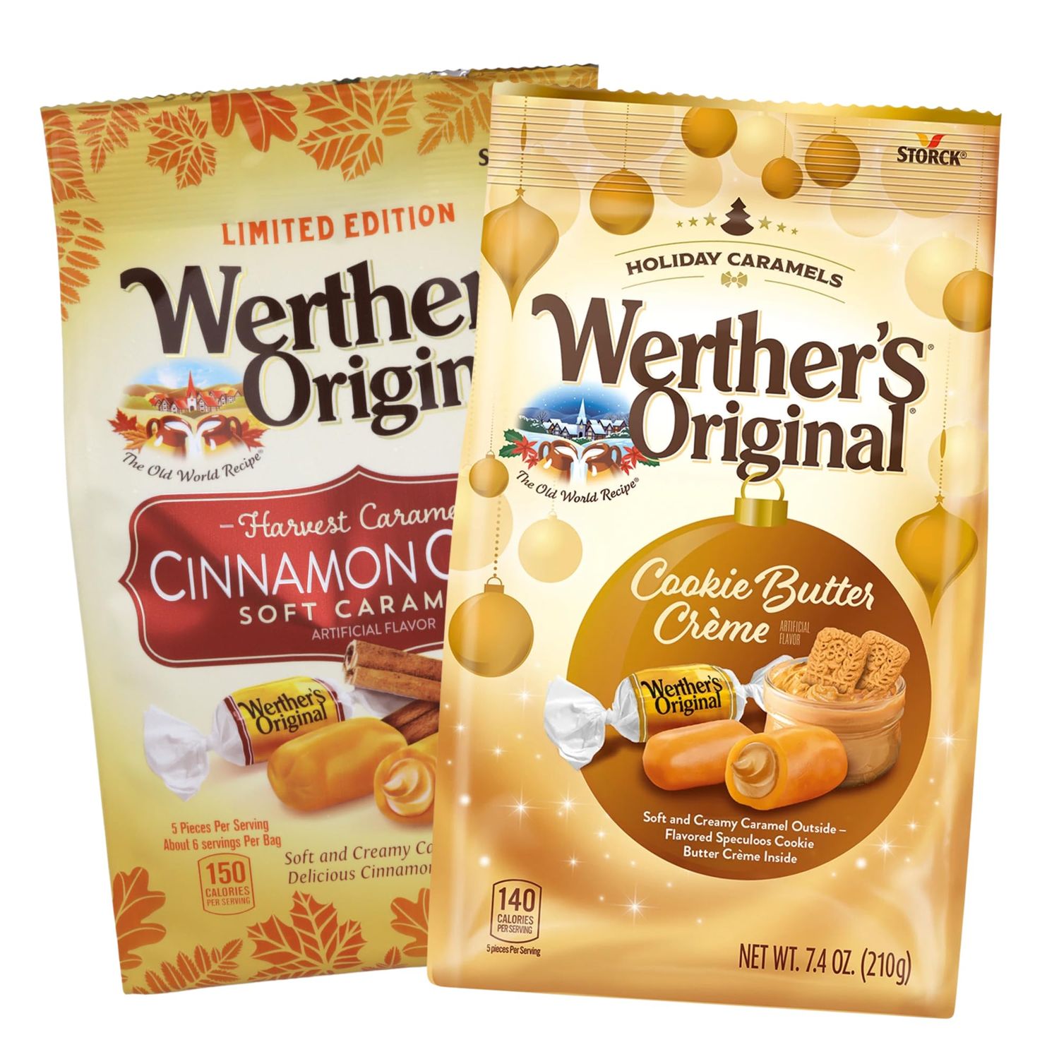 Needzo Werthers Original Holiday Cinnamon Creme and Cookie Butter Creme, Individually Wrapped Christmas Treats, Gable Box Included For Gifting, 7.4 and 6 Ounces Pack of 2