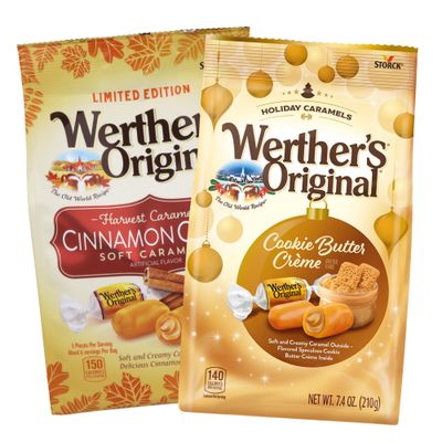 Needzo Werthers Original Holiday Cinnamon Creme and Cookie Butter Creme, Individually Wrapped Christmas Treats, Gable Box Included For Gifting, 7.4 and 6 Ounces Pack of 2
