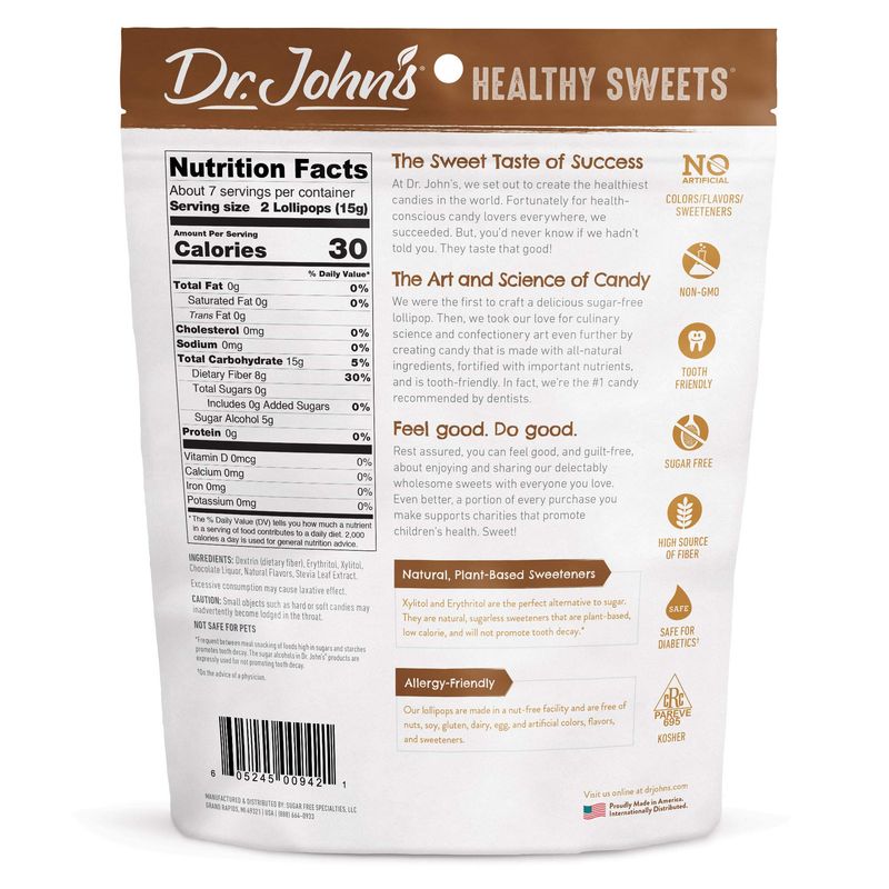 Dr. Johns Sugar Free Candy, Healthy Lollipops with Zero Sugar, Low Calorie Snacks, Keto Friendly Hard Candy Sweets, Chocolate Oval, 14 Count, 3.85 OZ