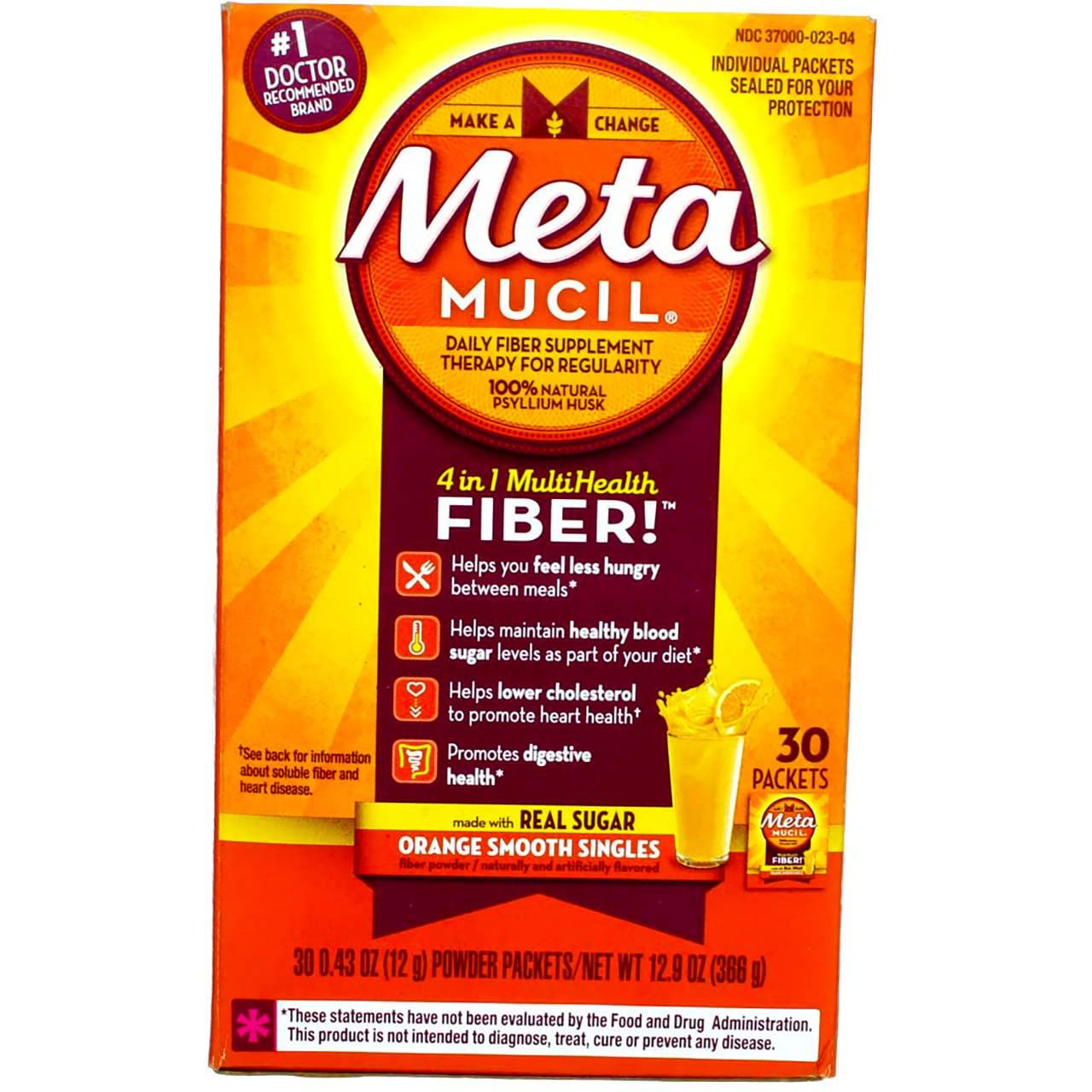 Metamucil Fiber Singles Smooth Texture Orange - 30 Packets, 12.9 Ounce Pack of 1
