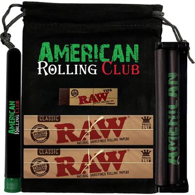 RAW Black Bag Combo Classic King Size Slim Includes RAW Classic Cigarette Papers, Classic Tips, ARC Cigarette Machine, Black Carry Bag and Cigarette Saver