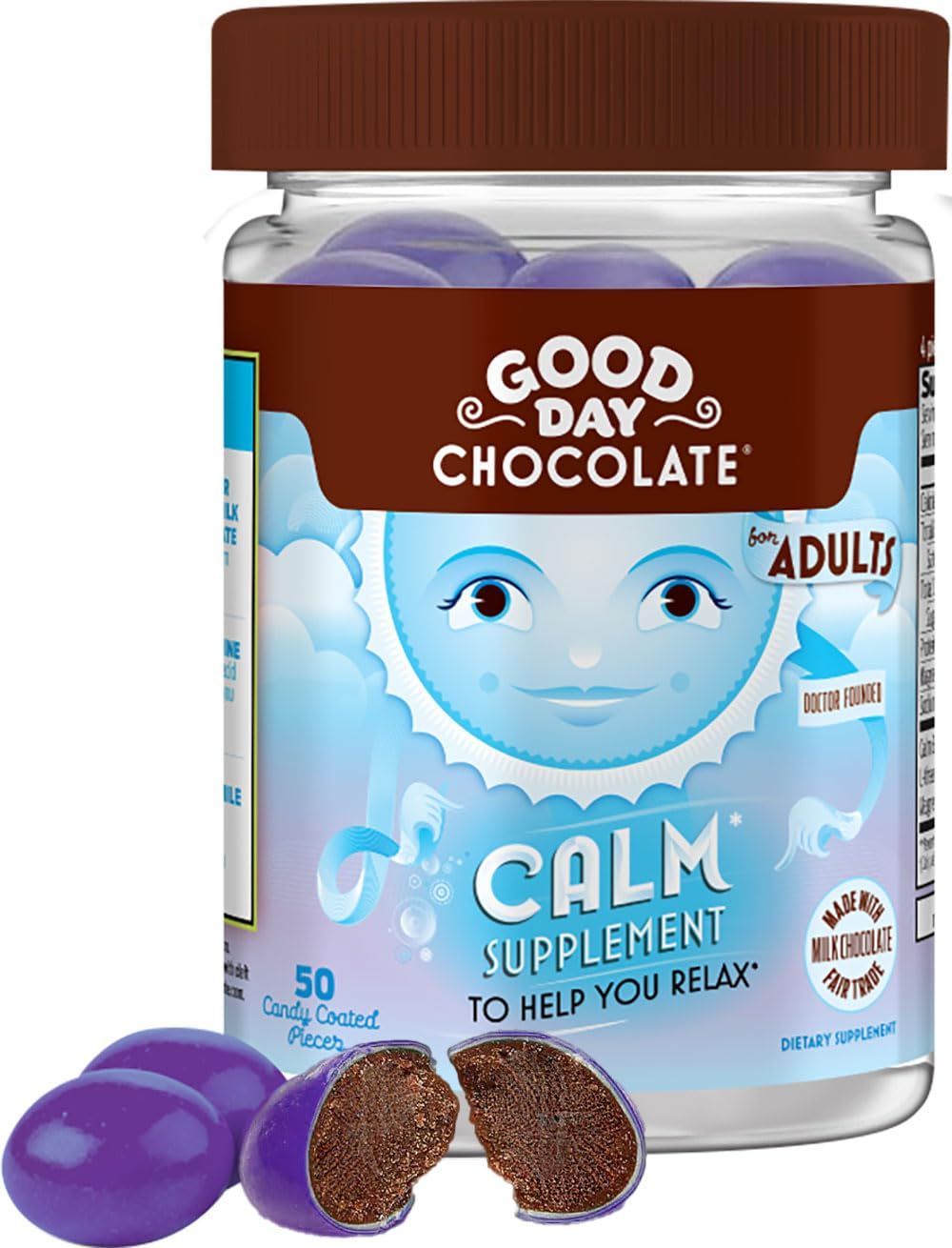Good Day Chocolate Natural Calming Supplement for Adults, Blend of Camomile, Theanine, Magnesium, Fair Trade and Non-GMO Chocolate, 50 Pieces