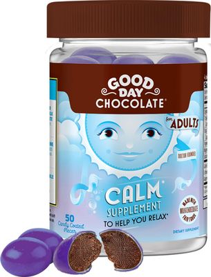 Good Day Chocolate Natural Calming Supplement for Adults, Blend of Camomile, Theanine, Magnesium, Fair Trade and Non-GMO Chocolate, 50 Pieces