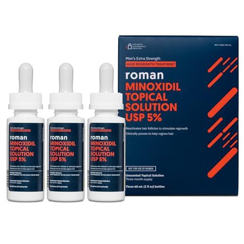Roman Mens Topical Solution for Hair Regrowth 5 Minoxidil, Unscented, 3-Month Supply