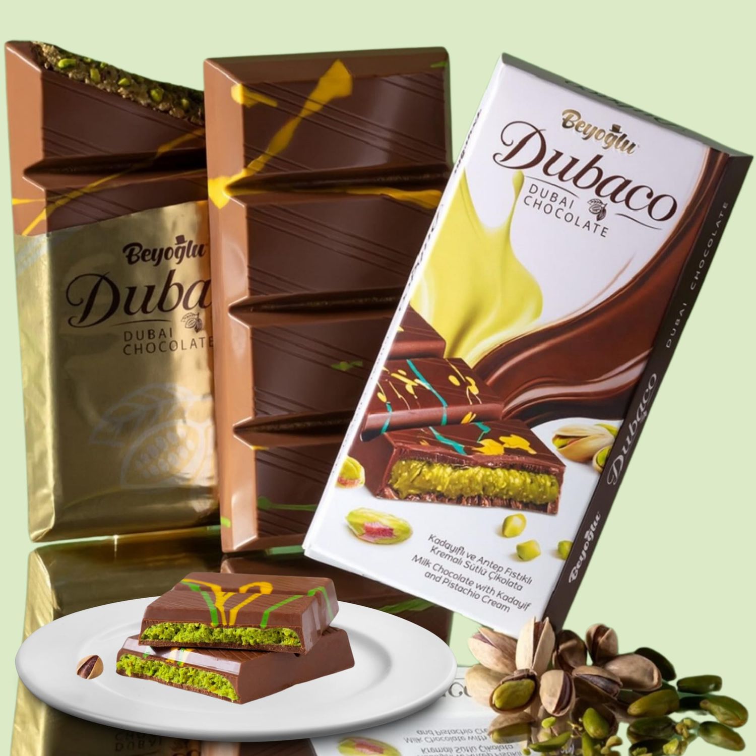Dubai Chocolate Bar Pistachio,Premium Pistachio Dubai Chocolate Bar,Pistachio with Milk Chocolate, Luxury Chocolates with Crispy Kunafa 7oz200 g