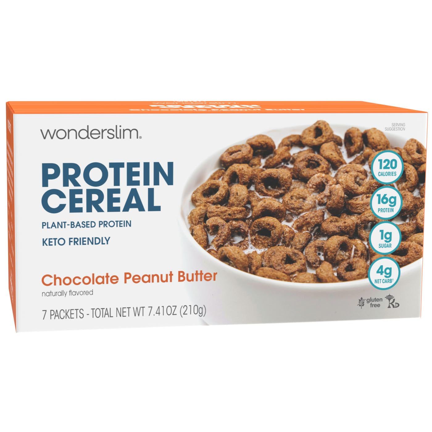 WonderSlim Protein Cereal, Chocolate Peanut Butter, Low Sugar, Gluten Free, Keto Friendly Low Carb 7ct