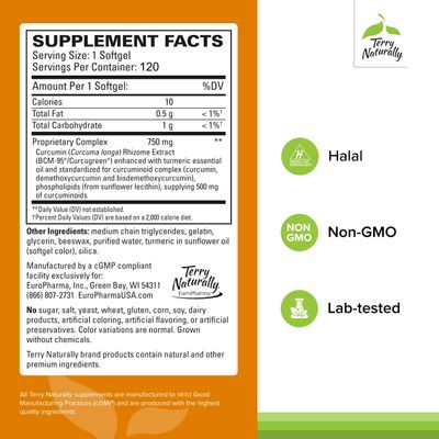 Terry Naturally CuraMed 750mg - Antioxidant Supplement for Brain Heart Health Support - Dietary Supplement with High-Potency Curcumin Complex - Kidney, Liver Immune Health Support - 120 Softgels