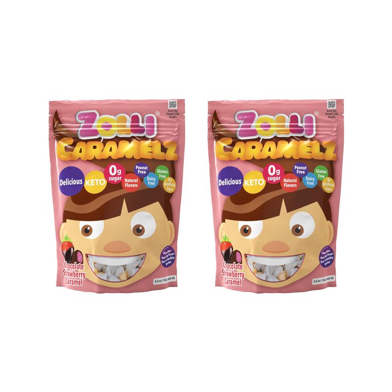ASSORTIT X Zollipops Collab Sugar Free Caramel Chewy Candy 2 Pack Zolli Caramelz Chocolate Strawberry Mashups 5.0 Oz Bags Anti Cavity Great For Kids, Diabetic Keto Friendly 0 Grams Net Carbs