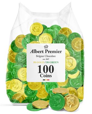 St. Patricks Green Gold Belgian Chocolate Coins - 100 Lucky Milk Chocolate Coins Candy For St. Patrick Day Party Favors, Pots of Gold Treats