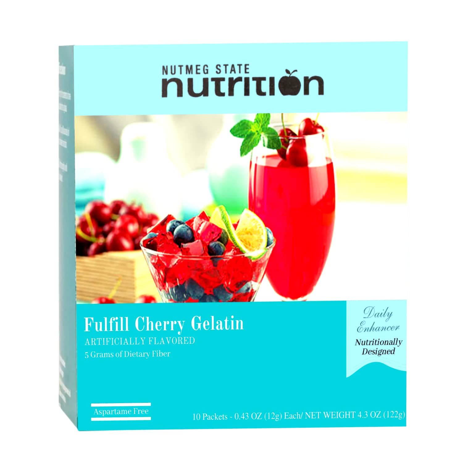 Nutmeg State Nutrition - High Fiber Drink Mix, Low Calorie, Fat Free, Decaffeinated, Sugar Free, Naturally Flavored, Ideal Protein Compatible, Aspartame Free, 10 Servings Per Box (Cherry Gelatin)