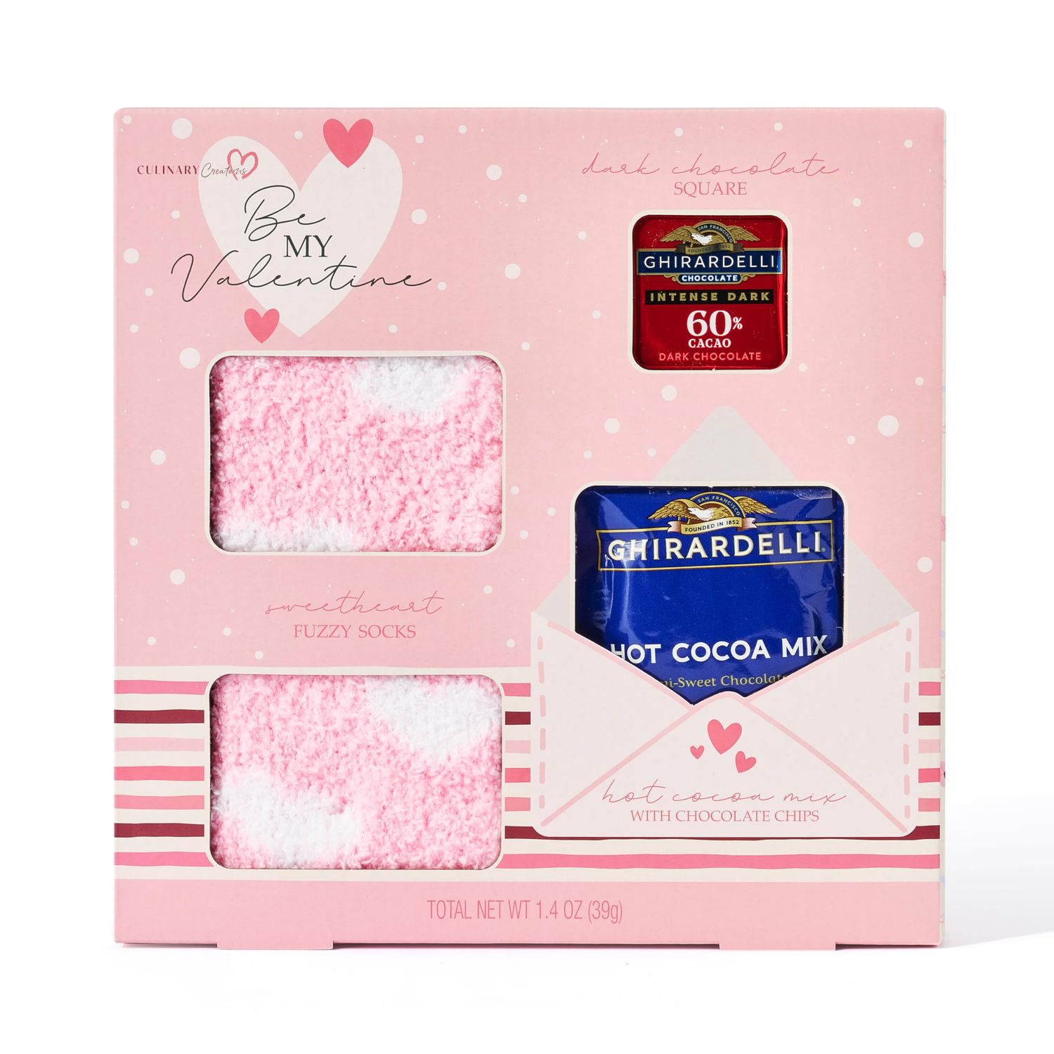 Will You Be My Valentine Gift Set, Made with Ghirardelli Hot Chocolate Mix, Includes Ghirardelli Dark Chocolate Square and Pink Fuzzy Socks for Women