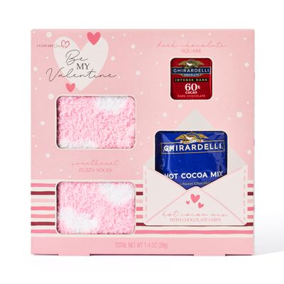 Will You Be My Valentine Gift Set, Made with Ghirardelli Hot Chocolate Mix, Includes Ghirardelli Dark Chocolate Square and Pink Fuzzy Socks for Women
